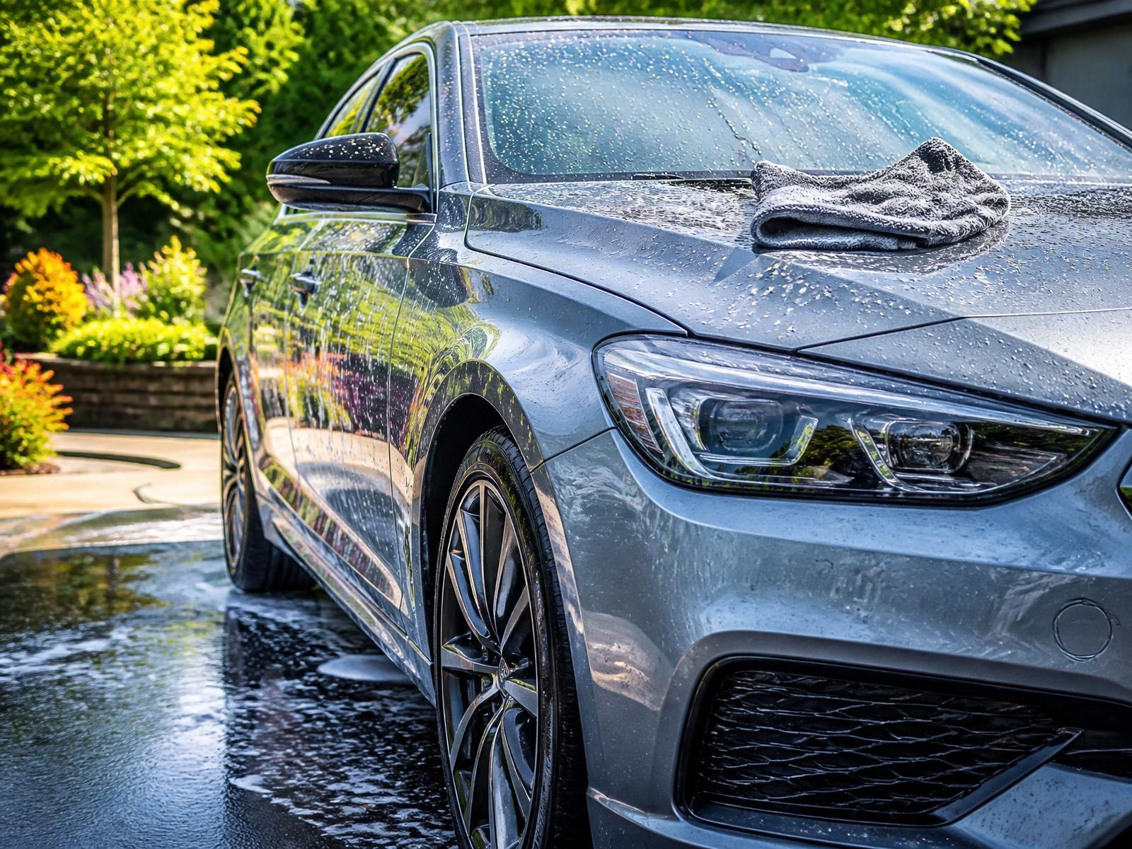 Freshly washed clean modern car glistening in sunlight